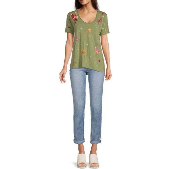 Johnny Was Top Shirt Embroidery Monroe Everyday Tee Moss Green Small - Picture 3 of 8